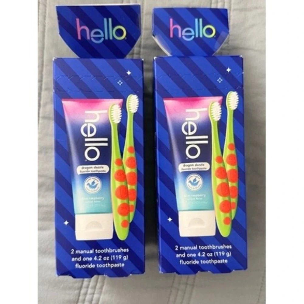Hello Kids Toothpaste & Toothbrush Set Blue Raspberry Dragon Dazzle 2pk NEW